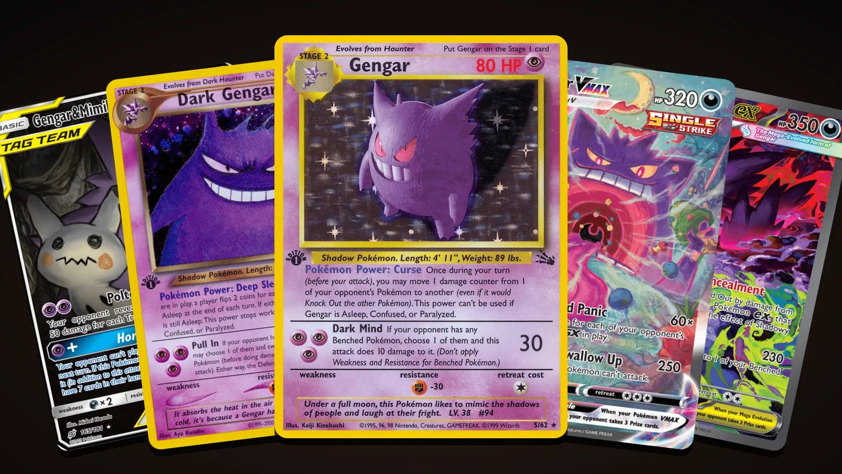 Five Gengar Pokémon cards fanned out: the 1st Edition Fossil Gengar in the centre, with Gengar & Mimikyu GX, Dark Gengar, the Gengar VMAX alternate art and Mega Gengar ex